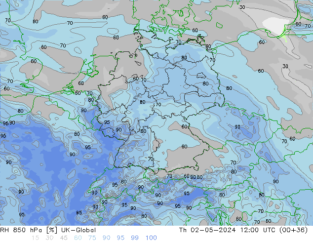 Humidité rel. 850 hPa UK-Global jeu 02.05.2024 12 UTC