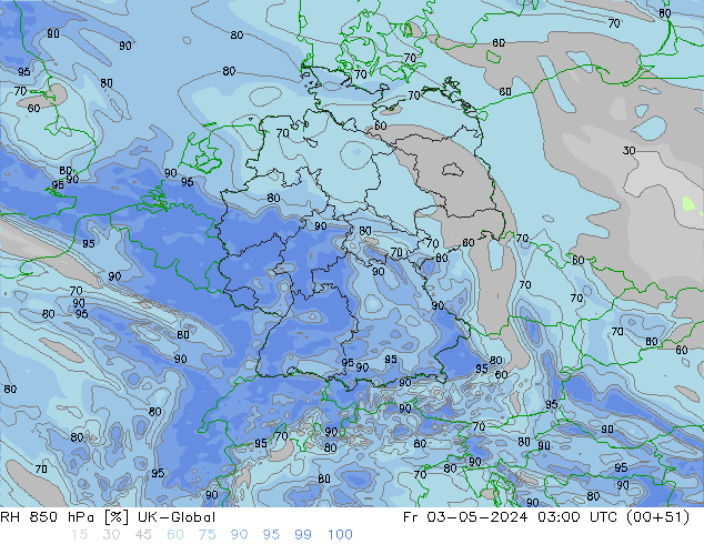 Humidité rel. 850 hPa UK-Global ven 03.05.2024 03 UTC