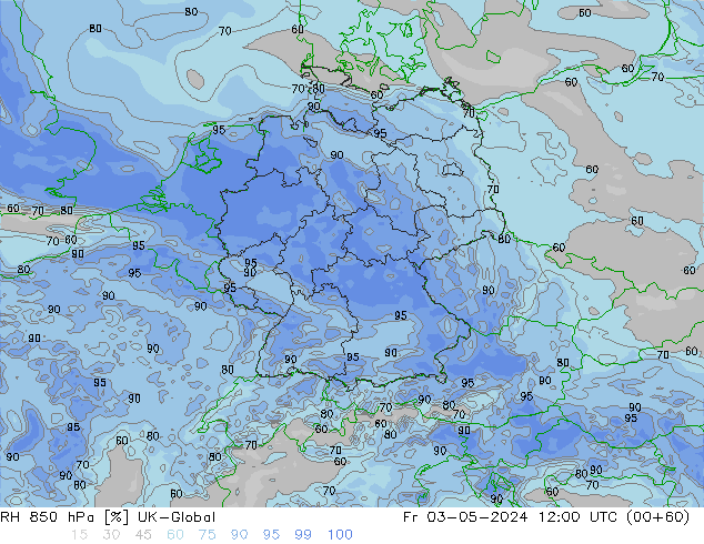 Humidité rel. 850 hPa UK-Global ven 03.05.2024 12 UTC