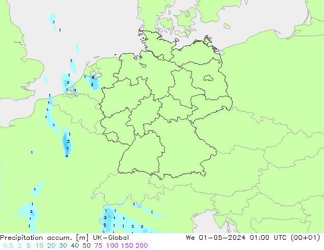 Precipitation accum. UK-Global śro. 01.05.2024 01 UTC