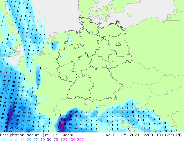 Precipitation accum. UK-Global śro. 01.05.2024 18 UTC