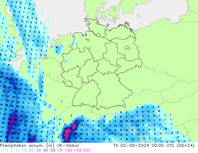 Precipitation accum. UK-Global Čt 02.05.2024 00 UTC