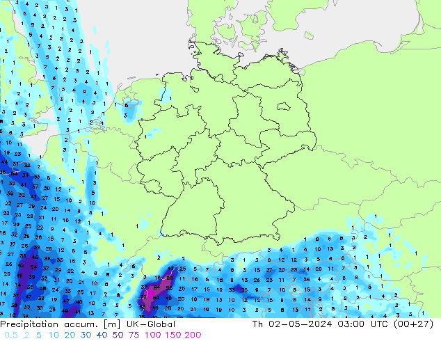 Precipitation accum. UK-Global Th 02.05.2024 03 UTC