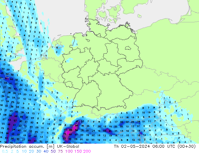 Precipitation accum. UK-Global gio 02.05.2024 06 UTC