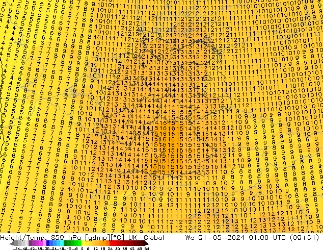 Height/Temp. 850 hPa UK-Global śro. 01.05.2024 01 UTC