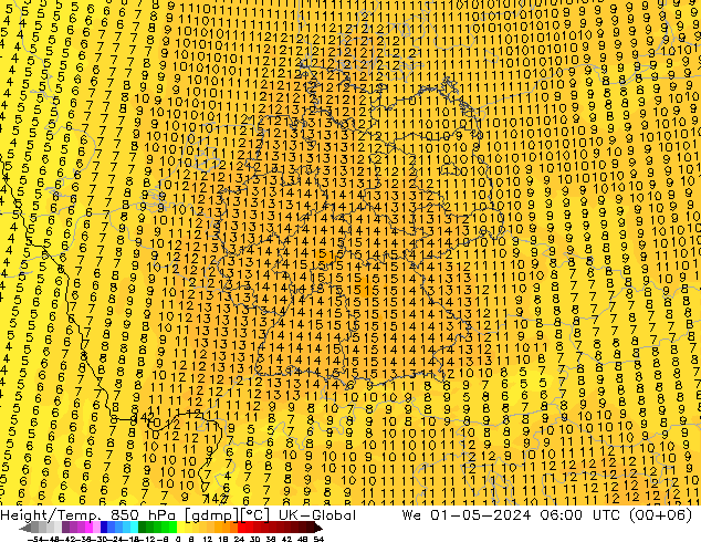 Height/Temp. 850 hPa UK-Global Mi 01.05.2024 06 UTC