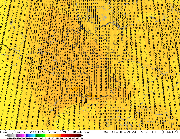 Height/Temp. 850 hPa UK-Global We 01.05.2024 12 UTC