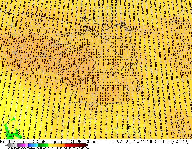 Height/Temp. 850 hPa UK-Global gio 02.05.2024 06 UTC