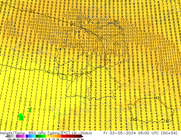 Hoogte/Temp. 850 hPa UK-Global vr 03.05.2024 06 UTC