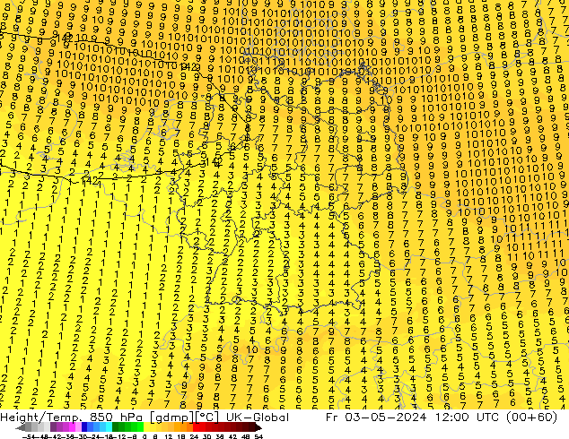 Height/Temp. 850 hPa UK-Global ven 03.05.2024 12 UTC