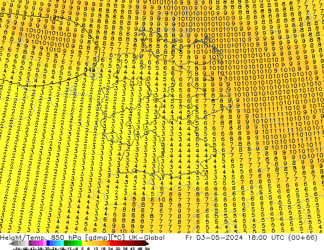 Géop./Temp. 850 hPa UK-Global ven 03.05.2024 18 UTC