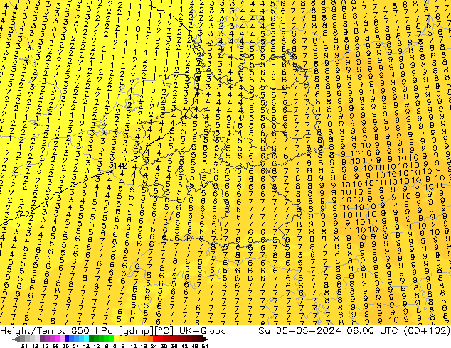 Height/Temp. 850 hPa UK-Global Su 05.05.2024 06 UTC