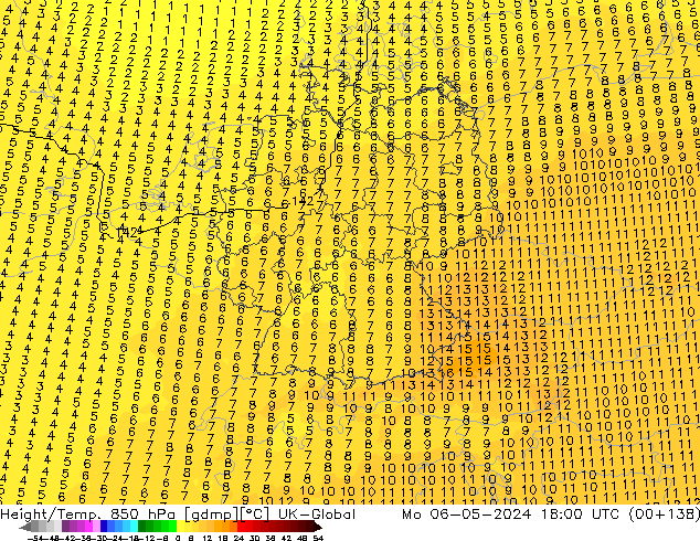 Height/Temp. 850 hPa UK-Global lun 06.05.2024 18 UTC