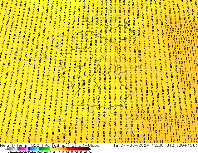 Géop./Temp. 850 hPa UK-Global mar 07.05.2024 12 UTC