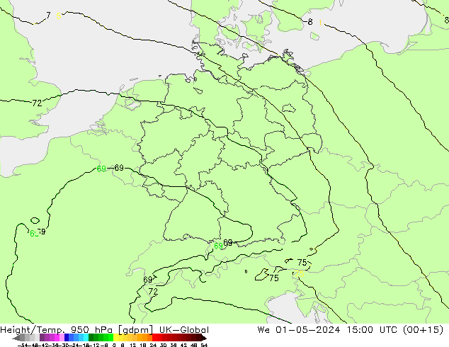 Height/Temp. 950 hPa UK-Global mer 01.05.2024 15 UTC
