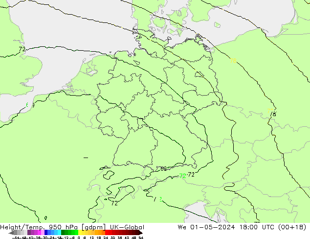 Height/Temp. 950 hPa UK-Global We 01.05.2024 18 UTC