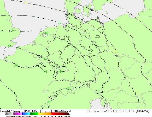 Height/Temp. 950 hPa UK-Global Čt 02.05.2024 00 UTC