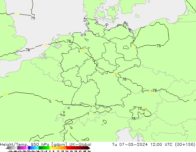 Height/Temp. 950 гПа UK-Global вт 07.05.2024 12 UTC