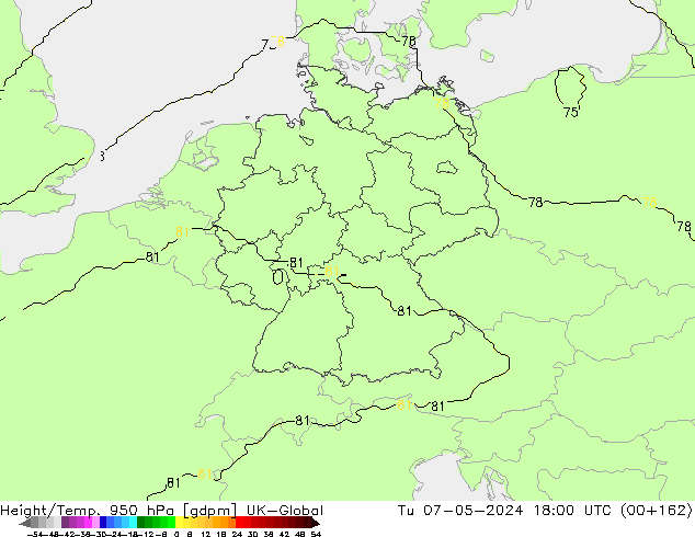 Height/Temp. 950 hPa UK-Global Tu 07.05.2024 18 UTC