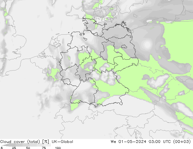 Cloud cover (total) UK-Global We 01.05.2024 03 UTC