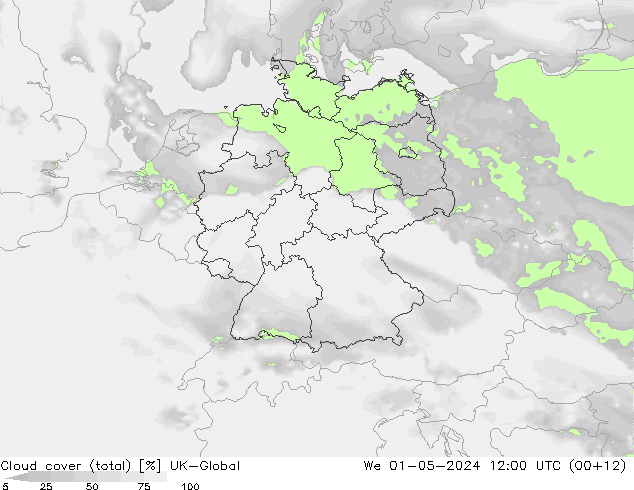 Cloud cover (total) UK-Global We 01.05.2024 12 UTC