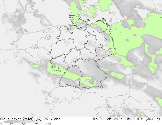 Bewolking (Totaal) UK-Global wo 01.05.2024 18 UTC