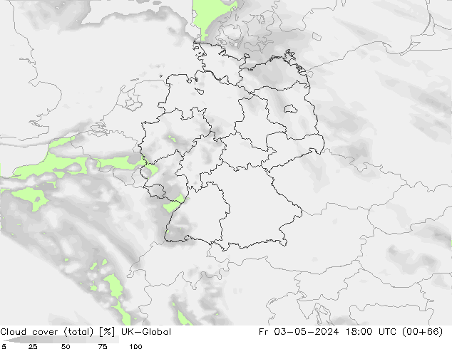 Cloud cover (total) UK-Global Pá 03.05.2024 18 UTC