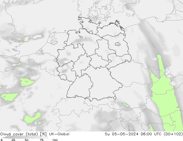 Cloud cover (total) UK-Global Su 05.05.2024 06 UTC