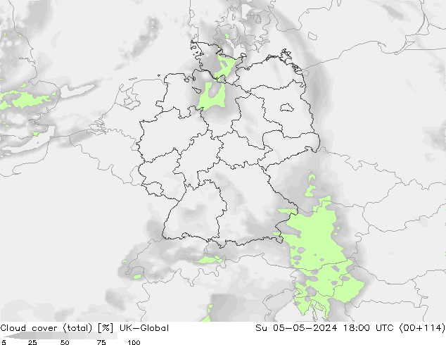 Cloud cover (total) UK-Global Su 05.05.2024 18 UTC