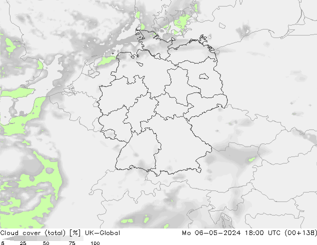 Cloud cover (total) UK-Global Mo 06.05.2024 18 UTC