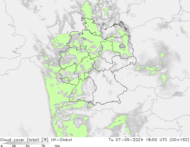 Cloud cover (total) UK-Global Tu 07.05.2024 18 UTC