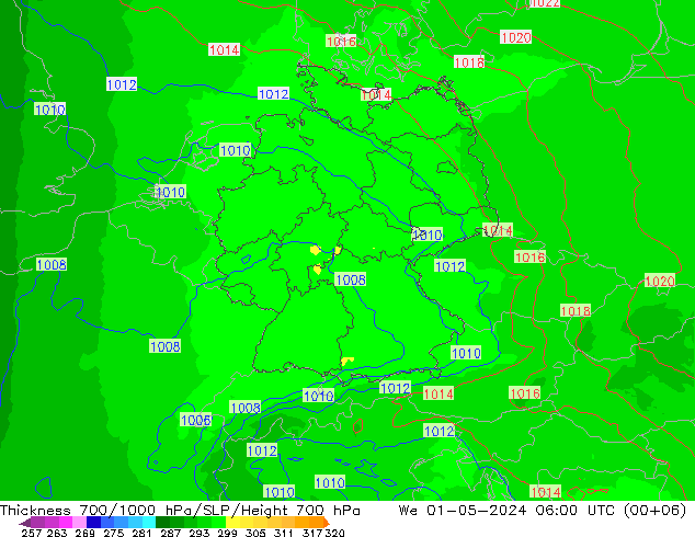 Thck 700-1000 гПа UK-Global ср 01.05.2024 06 UTC