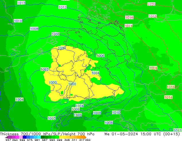 Thck 700-1000 hPa UK-Global We 01.05.2024 15 UTC