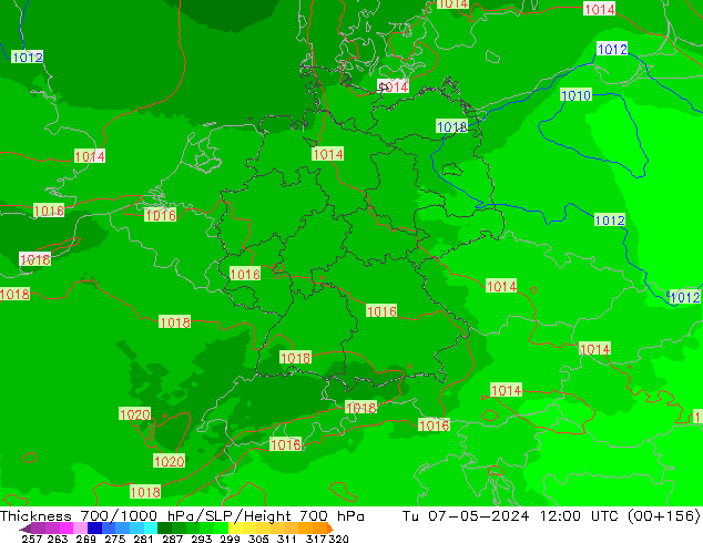 Thck 700-1000 hPa UK-Global Tu 07.05.2024 12 UTC