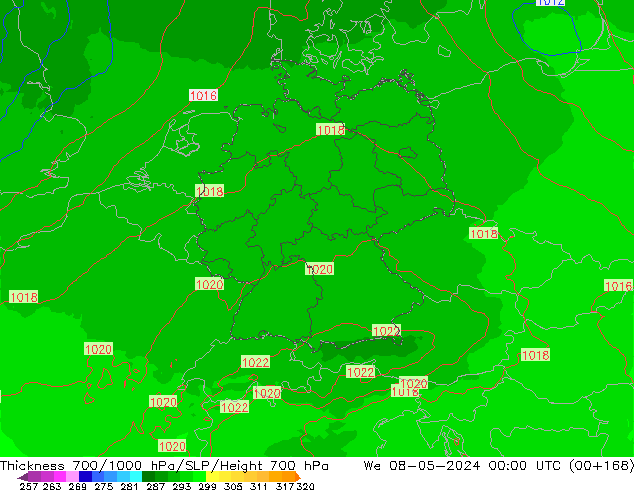 700-1000 hPa Kalınlığı UK-Global Çar 08.05.2024 00 UTC