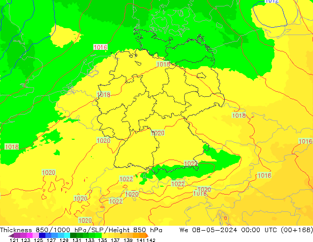 850-1000 hPa Kalınlığı UK-Global Çar 08.05.2024 00 UTC