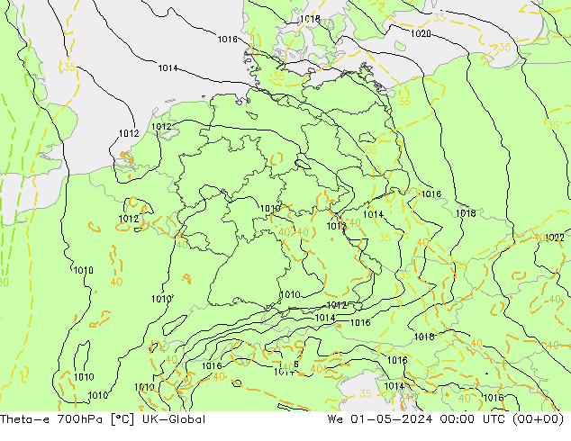 Theta-e 700hPa UK-Global śro. 01.05.2024 00 UTC