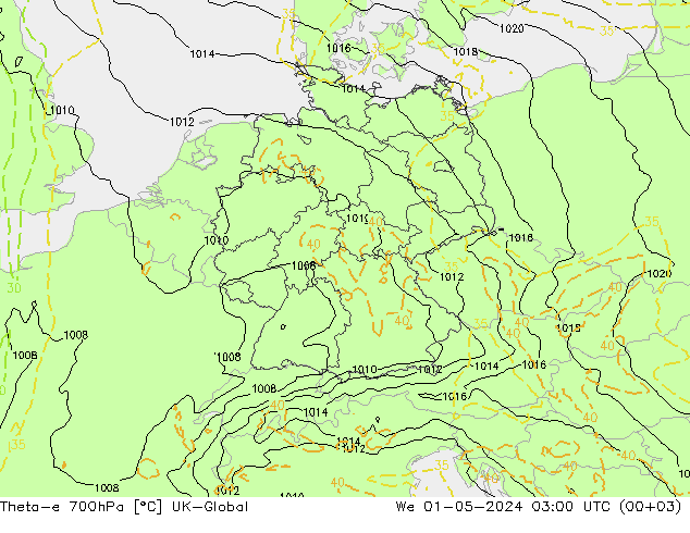 Theta-e 700hPa UK-Global We 01.05.2024 03 UTC