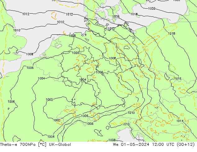 Theta-e 700hPa UK-Global We 01.05.2024 12 UTC