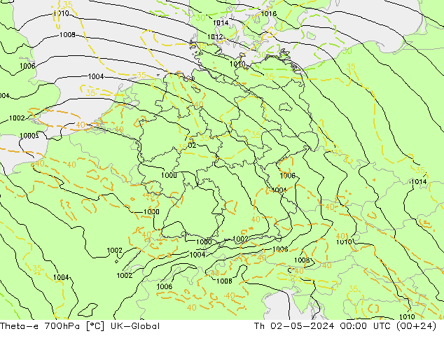 Theta-e 700hPa UK-Global Th 02.05.2024 00 UTC