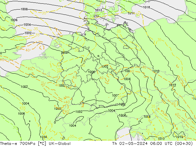 Theta-e 700hPa UK-Global Th 02.05.2024 06 UTC