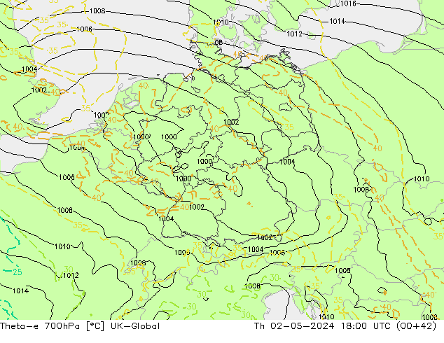 Theta-e 700hPa UK-Global  02.05.2024 18 UTC