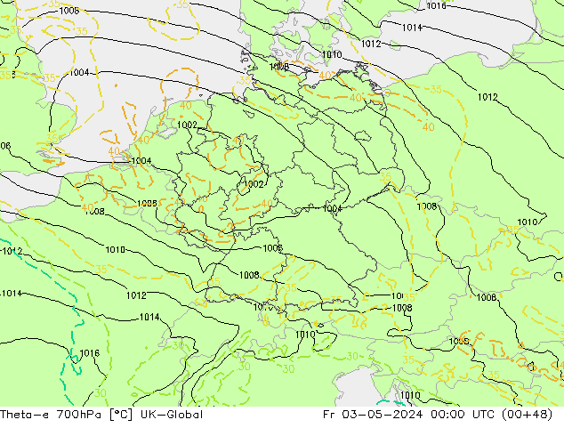 Theta-e 700hPa UK-Global Cu 03.05.2024 00 UTC