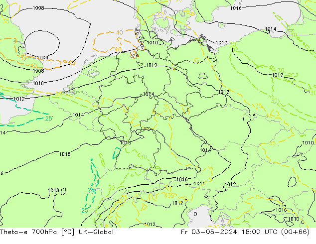 Theta-e 700hPa UK-Global Fr 03.05.2024 18 UTC