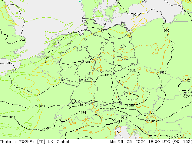 Theta-e 700hPa UK-Global ma 06.05.2024 18 UTC