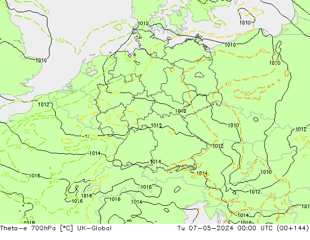 Theta-e 700hPa UK-Global Tu 07.05.2024 00 UTC