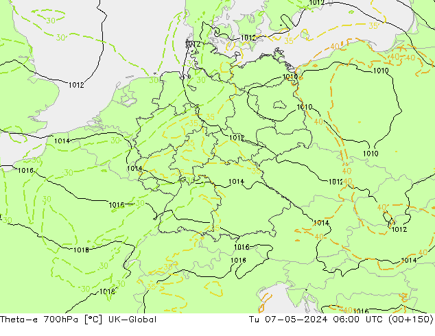 Theta-e 700hPa UK-Global di 07.05.2024 06 UTC