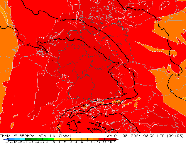Theta-W 850hPa UK-Global We 01.05.2024 06 UTC