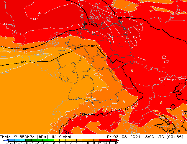 Theta-W 850гПа UK-Global пт 03.05.2024 18 UTC