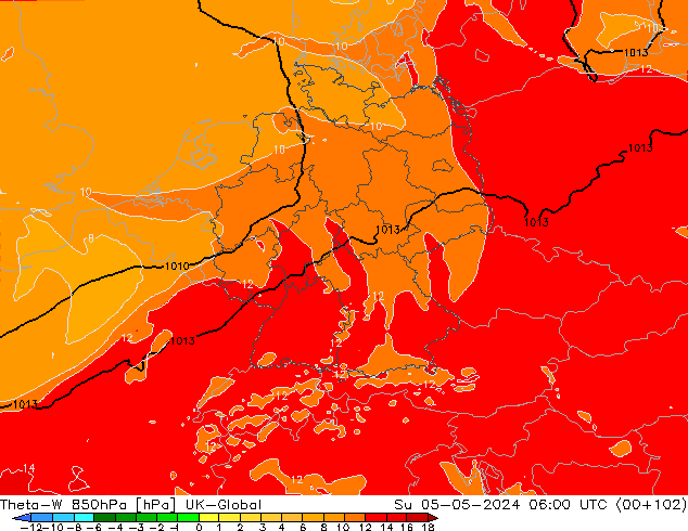 Theta-W 850hPa UK-Global nie. 05.05.2024 06 UTC